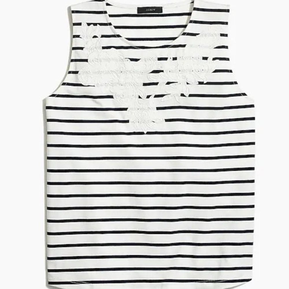 J.Crew Navy/White Stripe Tank with Lace Appliqué at Neckline